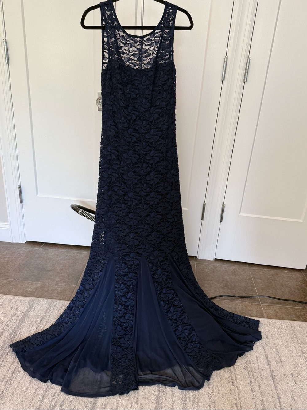 Onyx Navy Sparkly Lace and Tule Long Evening Dress